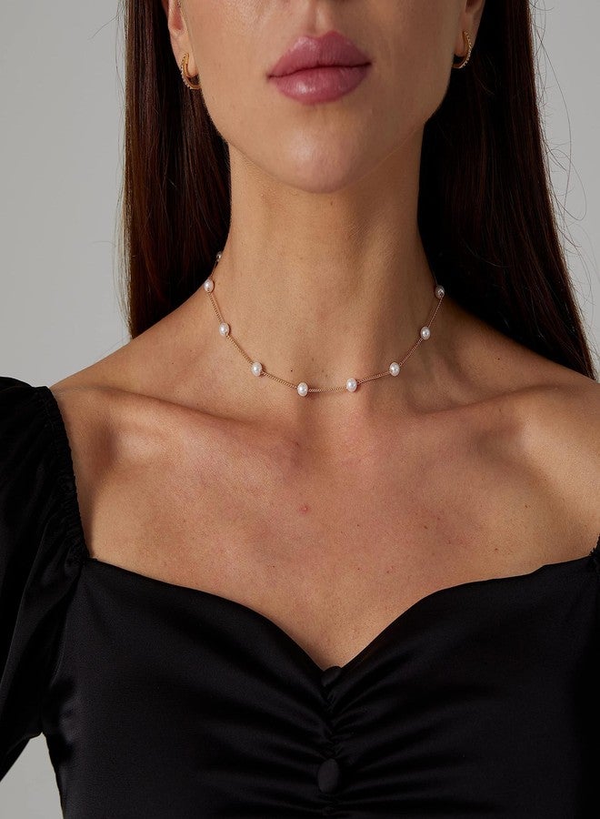 Kyerlyn Gold Choker,Dainty Pearl Pendant Necklace for Women 14k Gold Plated Barque Chain Necklace Handmade Cultured with Freshwater Pearl Everyday Jewelry for Gifts - Image 2